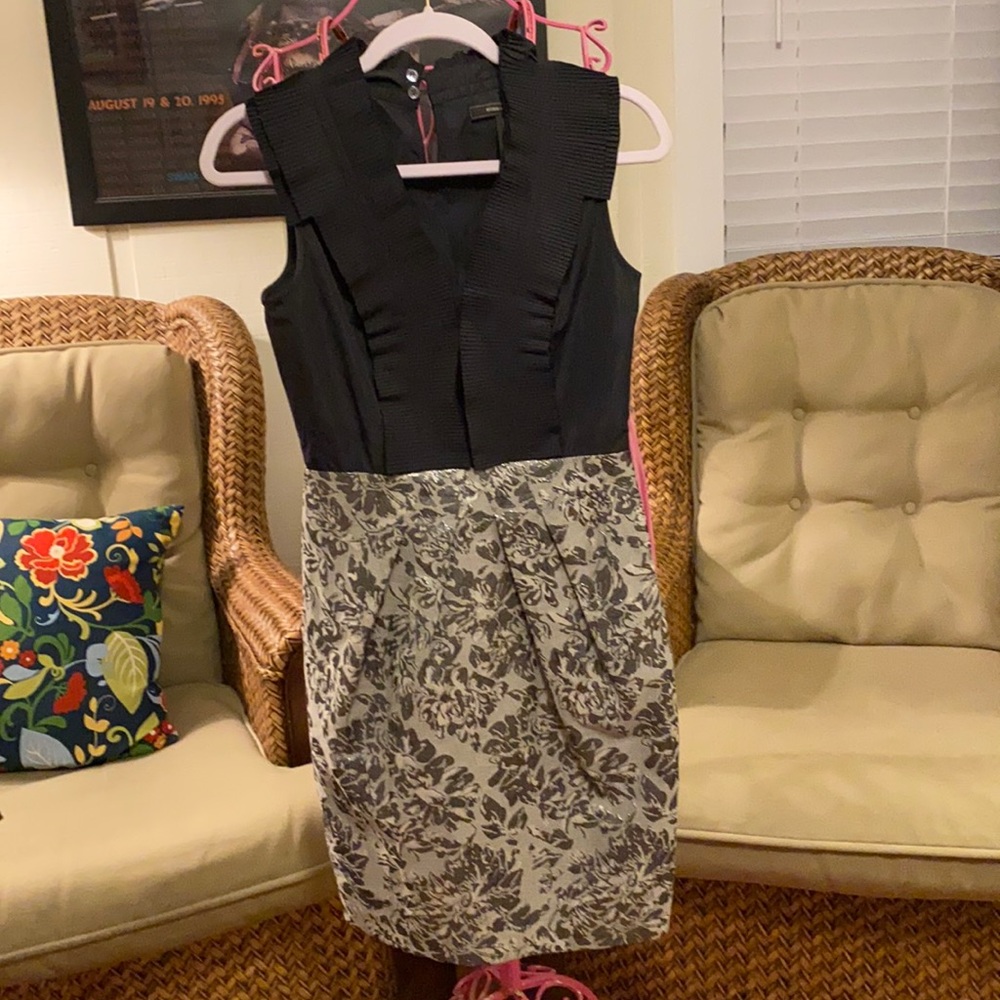 BCBG black silver jacquard ruffle tuxedo dress 4